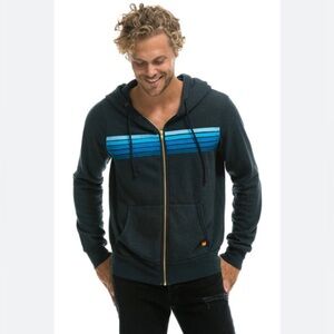 Aviator Nation 5 Stripe Hoodie Mens XL Charcoal Fleece Blue Rainbow Full Zip